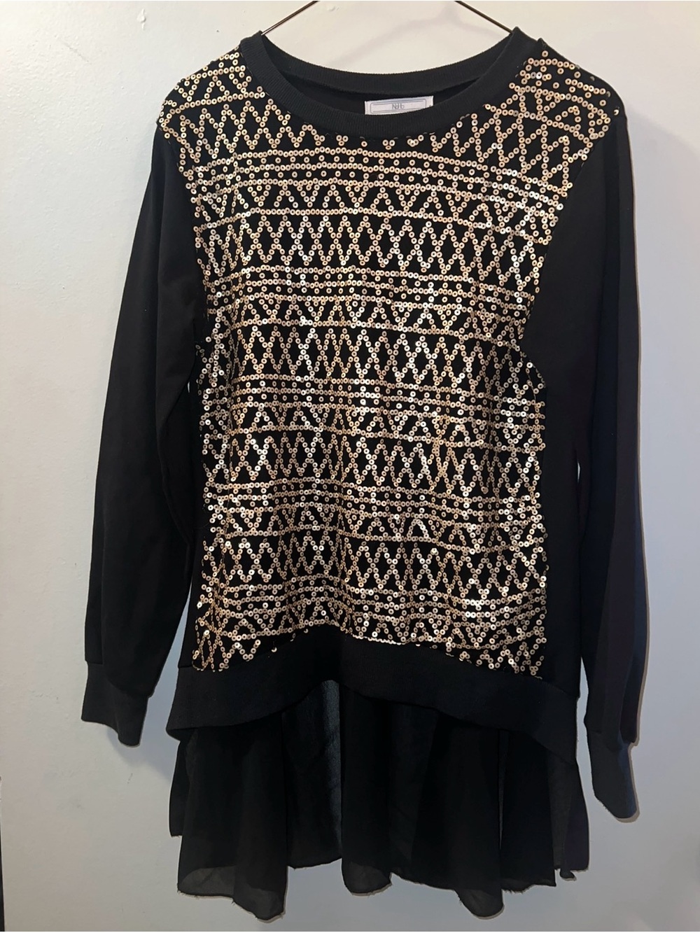 Black Sequin-Embellished Layered Hem Women's Top